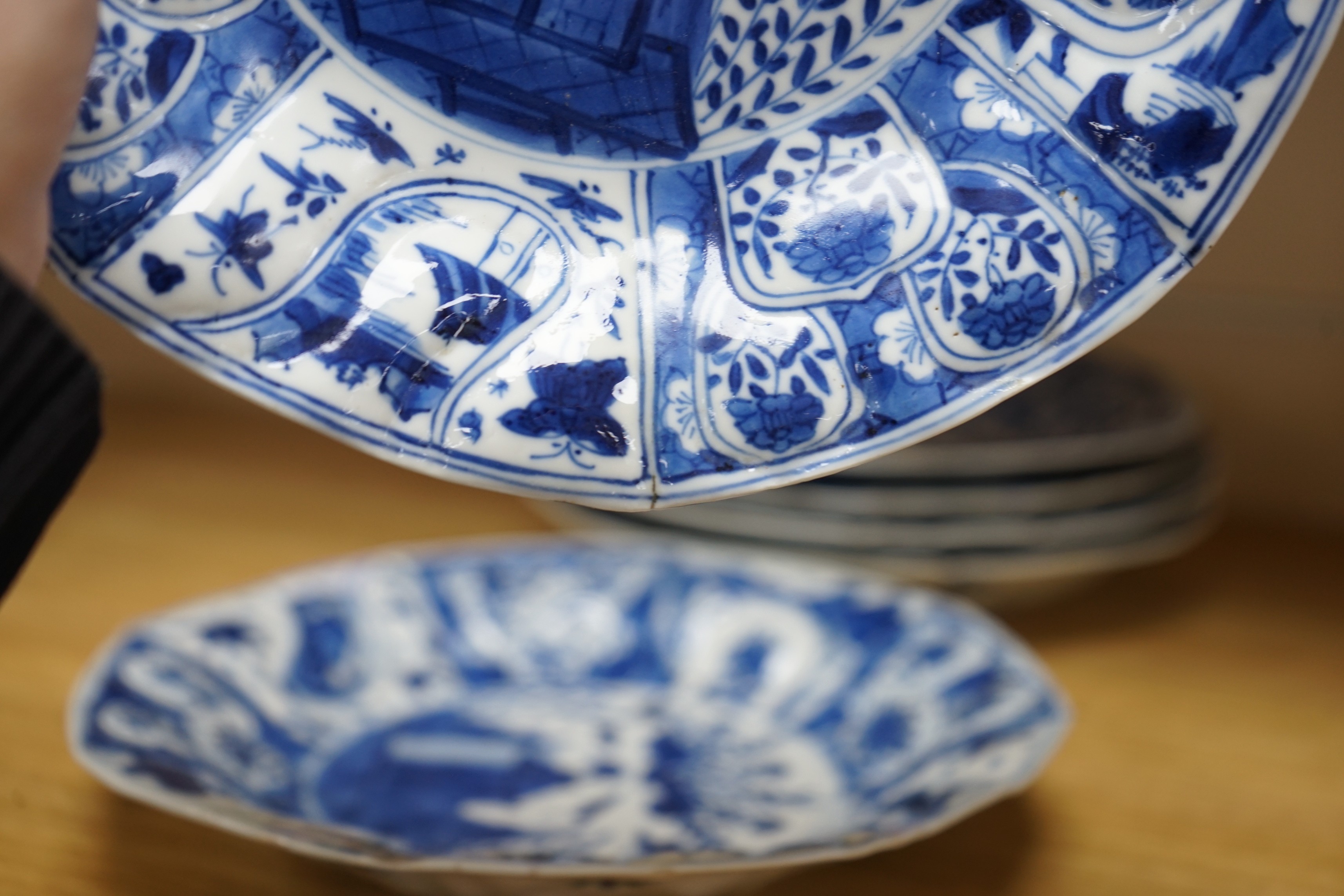 Eight Chinese blue and white octagonal plates, Kangxi period, 20.3 cm wide